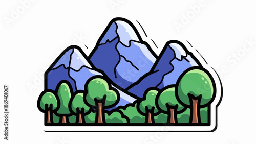 Stylized cartoon mountains with snowy peaks above a line of green trees and bushes