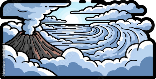 Stylized depiction of a smoking volcano erupting into the sea under a cloudy sky
