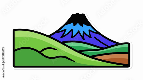 Stylized cartoon mountain with rolling green hills and a brown earth stripe