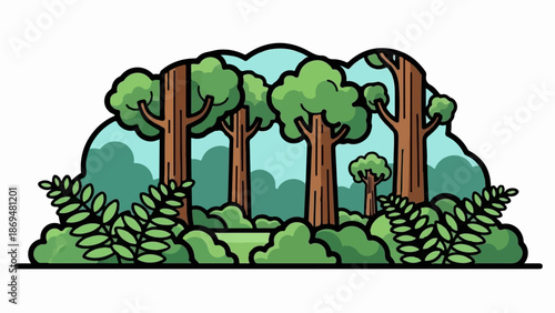 Stylized cartoon forest scene with tall trees and lush green foliage