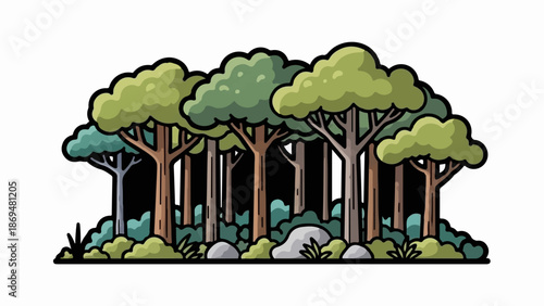 Stylized cartoon forest with varied trees, lush foliage, and scattered rocks
