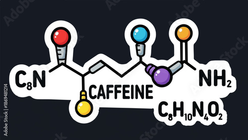Stylized chemical structure of caffeine molecule with colorful atoms and text labels