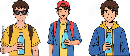 Three young men holding blue water bottles standing in a row on a transparent background with casual outfits and diverse styles showcasing friendship and hydration.