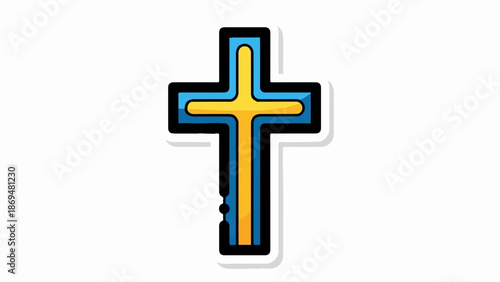 Stylized Christian cross with yellow and blue colors, outlined in black