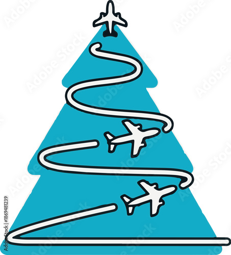 Stylized Christmas tree with airplane flight paths as branches and planes