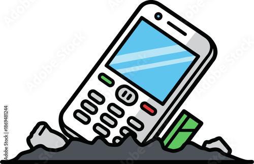 Old mobile phone stuck in debris, demonstrating tech waste in a modern environment, under bright colors, on a transparent background