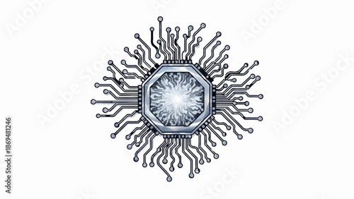 Stylized, circular electronic circuit board with an intricate central processor