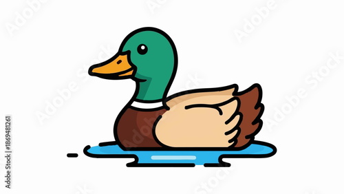 Stylized cartoon duck with green head, orange beak, and brown body floats on blue water