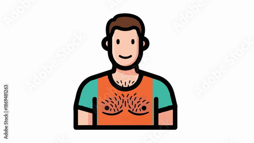 Stylized cartoon figure of a smiling man with prominent chest hair