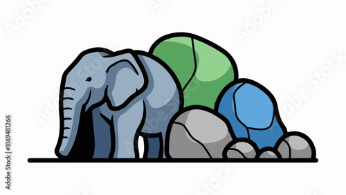 Stylized cartoon elephants and boulders against a white background