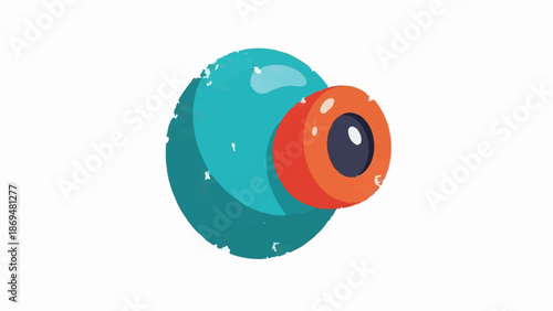 Stylized, circular, teal object with an orange, eye-like protrusion