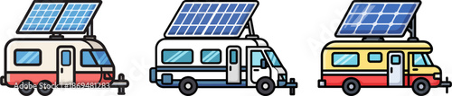 Three colorful camper vans equipped with solar panels, standing side by side, on a transparent background showcasing eco-friendly travel options.