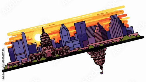 Stylized city skyline at sunset, with a dome building and modern skyscrapers