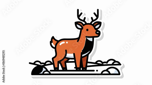 Stylized cartoon deer standing on a white background with snow-covered ground