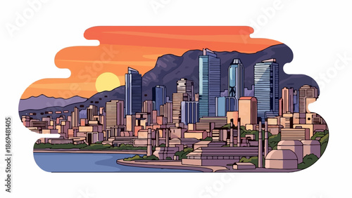Stylized city skyline with towering buildings and mountains at sunset