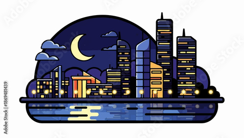 Stylized cityscape at night with a crescent moon, clouds, and water reflections