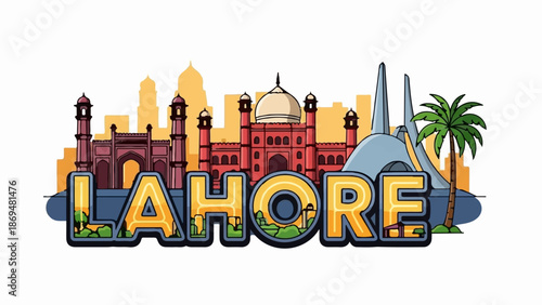 Stylized cityscape featuring iconic Lahore landmarks and architecture in vibrant colors