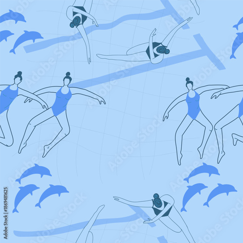 Seamless pattern synchronized swimming, women's team performance. Hand drawn vector illustration.