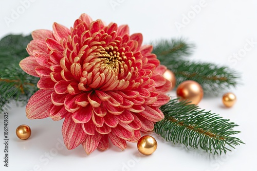 Red Chrysanthemum with Gold Accents and Pine Branches and Ornaments