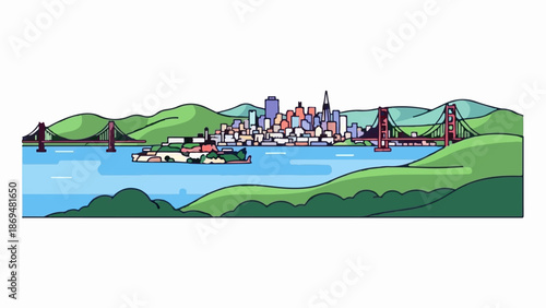 Stylized cityscape with bridges and water, framed by rolling green hills under a clear sky