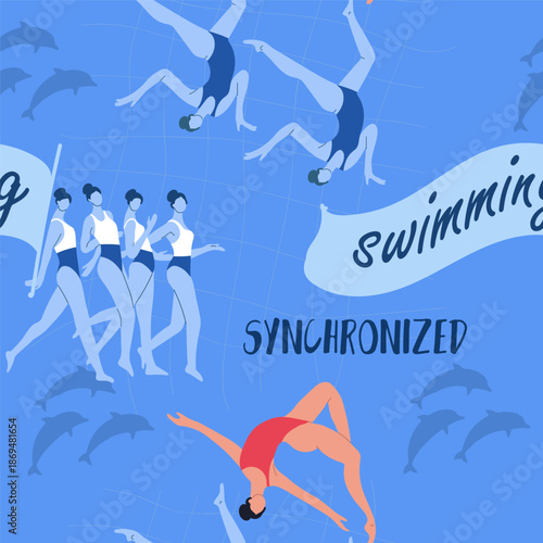 Seamless pattern synchronized swimming, women's team performance. Hand drawn vector illustration.