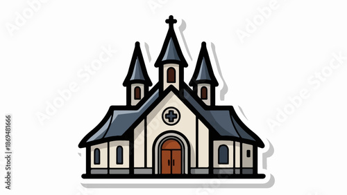 Stylized cartoon church with multiple spires and a cross on top