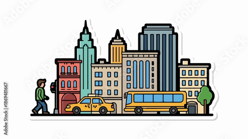 Stylized cityscape with buildings, yellow taxi, bus, and pedestrian