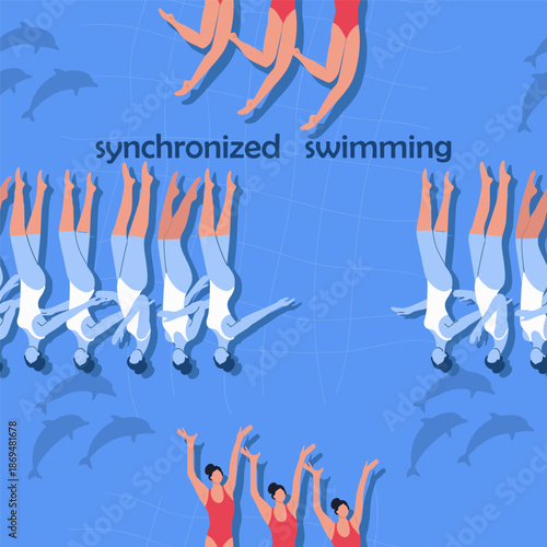 Seamless pattern synchronized swimming, women's team performance. Hand drawn vector illustration.