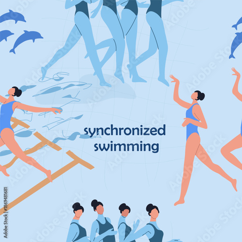 Seamless pattern synchronized swimming, women's team performance. Hand drawn vector illustration.