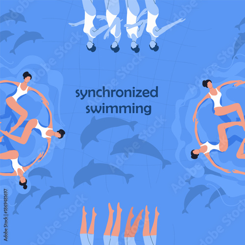 Seamless pattern synchronized swimming, women's team performance. Hand drawn vector illustration.