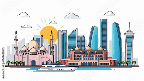 Stylized cityscape with mosque, grand building, towers, yacht, and sun
