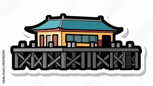 Stylized building with a teal roof stands on a wooden pier over water