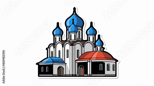 Stylized building with blue domes and red roof, a religious structure