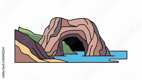 Stylized cliffside cave entrance with layered rock formations and blue water