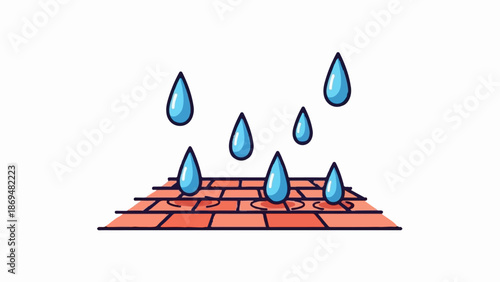 Stylized blue water drops falling onto a red brick surface