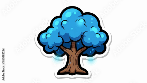 Stylized blue tree with a textured brown trunk, set against a white background
