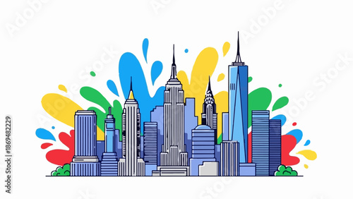 Stylized cityscape with vibrant splashes of color behind iconic skyscrapers