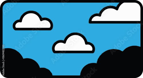 Stylized blue sky with white clouds and dark, fluffy foreground elements