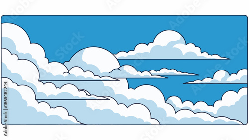 Stylized blue sky with fluffy white clouds, layered and outlined