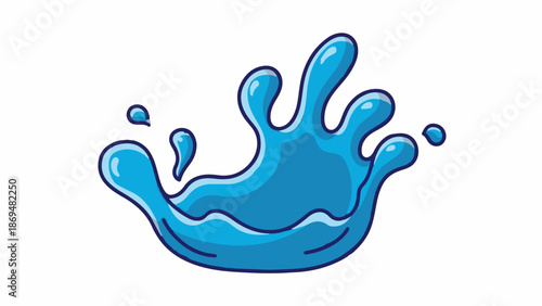 Stylized blue water splash with droplets, depicted on a white background