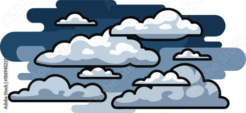 Stylized clouds in various shades of blue against a white background