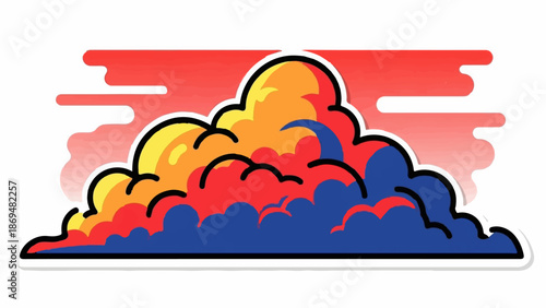 Stylized clouds burst with vibrant red, orange, yellow, and blue hues against a soft red background