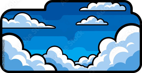 Stylized blue sky with fluffy white clouds, cartoonish