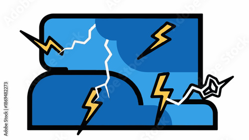 Stylized blue shapes with yellow lightning bolts and white crackling lines
