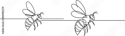 Two line art illustrations of bees flying towards a horizontal line, one larger than the other