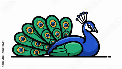 Stylized blue peacock with fanned green and gold eyespot tail feathers
