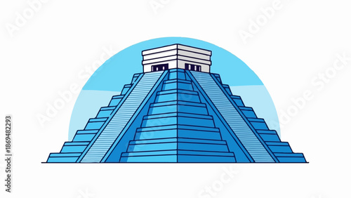 Stylized blue pyramid with white top structure and sky background