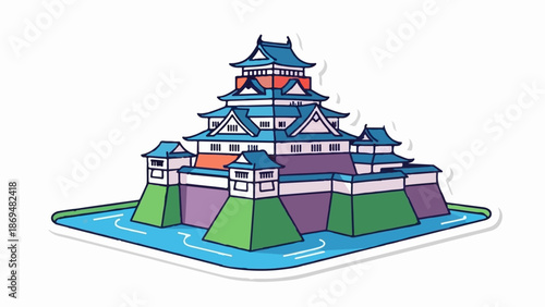 Stylized, colorful castle with tiered roofs, moat, and stone ramparts