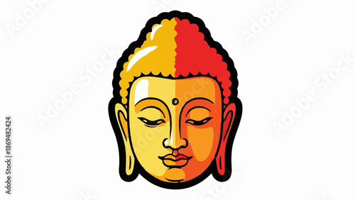 Stylized, colorful Buddha face with calm expression and curly hair
