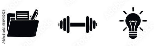 Professional vector glyph icons illustrating core concepts such as document management, physical training, and brainstorming new ideas for modern business solutions and lifestyle topics